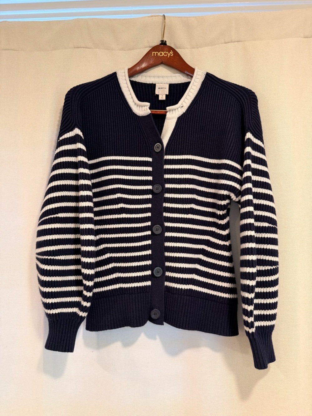 Anthropologie Maeve Navy & White Striped Ribbed Button Cardigan